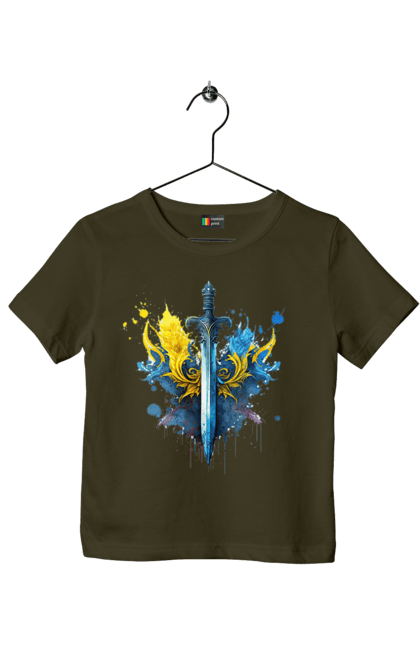 Children's t-shirt with prints A sword in the Ukrainian style. Emblem, flag, sword, symbol of ukraine, trident, ukraine, victory. 2070702