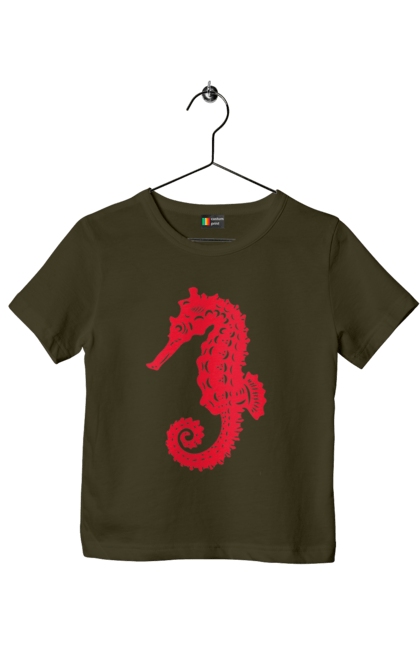 Футболка детская с принтом Морской конек. Летние каникулы, лето, море, морские жители, морской конек, отдых, цветы. 2070702