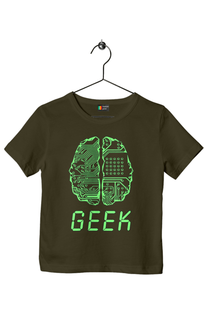 Футболка дитяча з принтом "Гик Мозок Неоновий". Айті, айтішник, гик, друкована плата, зелений, знання, інженер, кібер, кібернетика, кіборг, код, комп, комп’ютерник, кристал, мікросхема, мозок, неон, неоновий, програміст, професіонал, професія, розробник, розум, світиться, світло, чіп. 2070702
