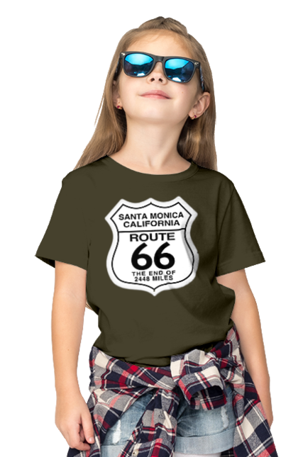 Children's t-shirt with prints Route 66. Bike, biker, biker club, bikers club, brother, brutal, dude, hot asphalt, hot horse, hot rod, motorcycle, motorcyclist, real man, road 50, road 66, road 80, roads of america, roads of ukraine, roads we choose, speed, take, thirst for speed. 2070702