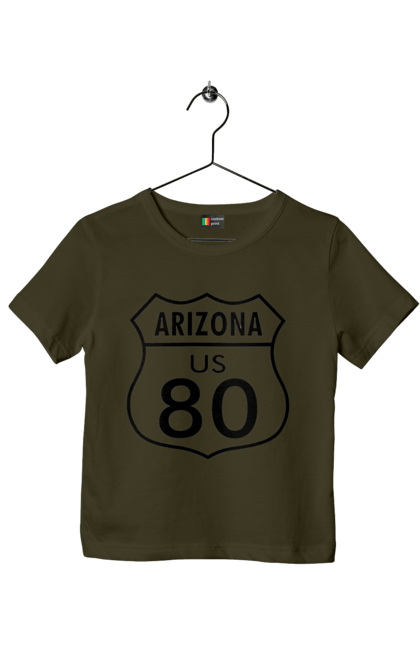 Children's t-shirt with prints Route 80. Bike, biker, biker club, bikers club, brother, brutal, dude, hot asphalt, hot horse, hot rod, motorcycle, motorcyclist, real man, road 50, road 66, road 80, roads of america, roads of ukraine, roads we choose, speed, take, thirst for speed. 2070702