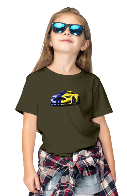 Children's t-shirt with prints Ukrainian mustang. Colors of ukraine, ford mustang, machine, mustang, shelby, supercar, yellow blue car. 2070702
