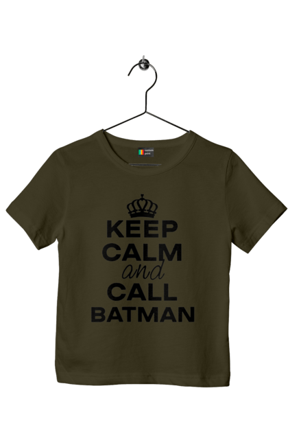 Футболка детская с принтом Keep Calm and Call Batman черная. Бетмен, мемы, популярные, прикольные, с надписями, сохраняй покой. 2070702