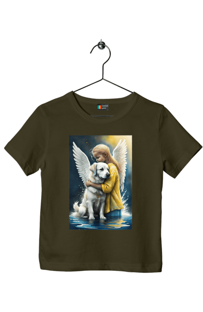 Футболка дитяча з принтом "Дівчинка та собака ангел [память загиблим тваринам]". Дівчинка та собака, крим, нова каховка, память загиблим тваринам, собака ангел, україна, херсон. 2070702