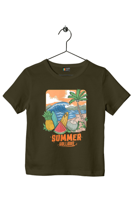 Children's t-shirt with prints Summer Holidays. Palm, sea, summer, waves. 2070702