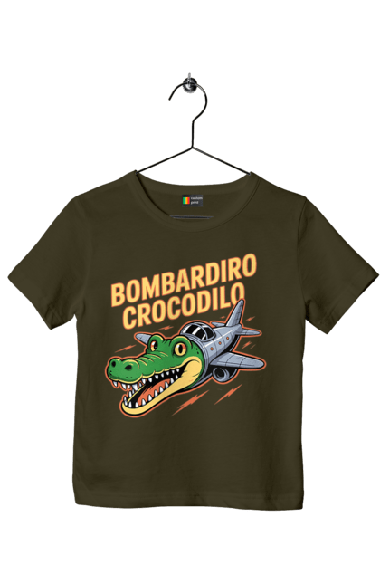 Футболка дитяча з принтом "Bombardino Crocodilo". Bombardino, bombardino crocodilo, crocodilo, бомбардиро крокодило, бомбардіно крокоділо, крокодил, крокодил літак, крокодил мем, мем бомбардине крокодило, меми. 2070702