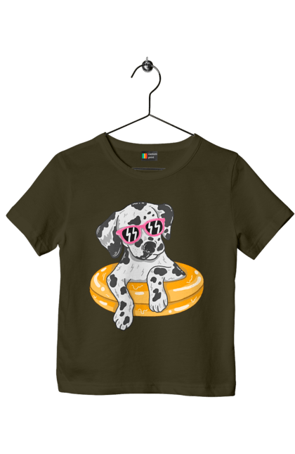 Children's t-shirt with prints Dalmatian Swims In A Circle. Dalmatian, dog, glasses, to swim. 2070702