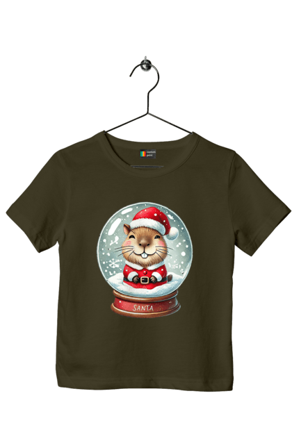 Children's t-shirt with prints Capybara in a snow globe. Animal, capybara, christmas, christmas capybara, gift, holiday, new year, new year`s gift, santa, snow globe. 2070702