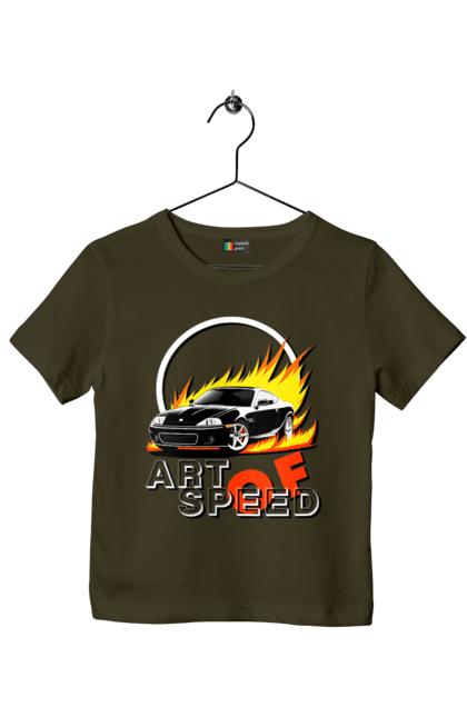 Children's t-shirt with prints Car on fire. Auto, car on fire, drift, race, speed, sport, sports car. 2070702