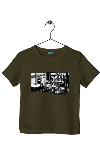 Children's t-shirt with prints Dangerous Car on the roads of the streets. Black and white, car, dangerous, fast, machine, race. 2070702