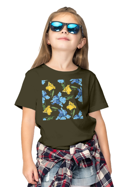 Children's t-shirt with prints Iris flowers. Andreyanush, birthday, birthday present, gift for mom, march 8, mother`s day, spring, spring gift, summer, summer gift. 2070702