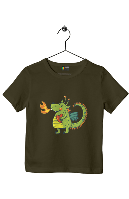 Children's t-shirt with prints Dragon in love. Dragon, fire, green dragon, heart, hearts, love, new year, symbol 2024. 2070702