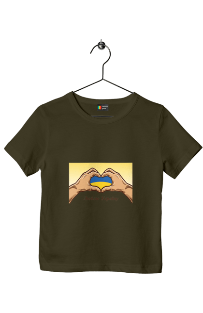 Children's t-shirt with prints I love Ukraine. Blue, flag, hands, heart, i love ukraine, ukraine, yellow. 2070702