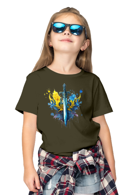 Children's t-shirt with prints A sword in the Ukrainian style. Emblem, flag, sword, symbol of ukraine, trident, ukraine, victory. 2070702
