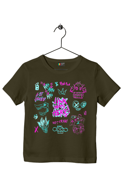 Children's t-shirt with prints Arcane. Animated series, arcane, fantasy, fortiche, jinx, league of legends, riot games, violet. 2070702