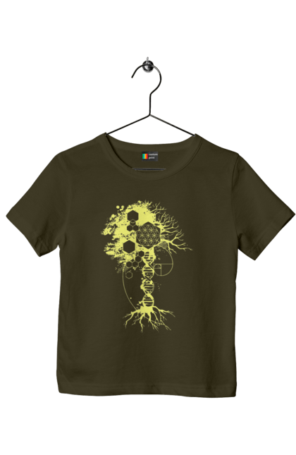 Футболка дитяча з принтом "Древо життя". Божественна суть, ген, дерево життя, днк, макромолекула, мова світобудови, насіння життя, сакральна геометрія, число бога, число фібоначчі. 2070702