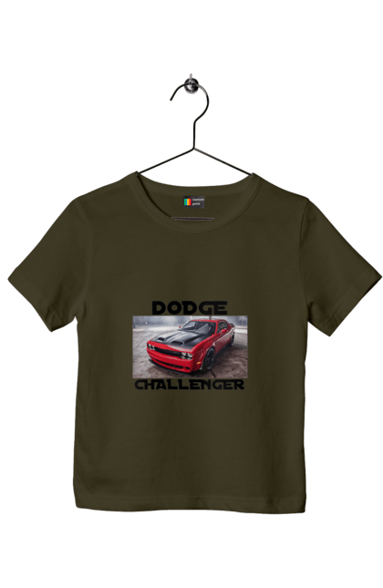 Children's t-shirt with prints Dodge challenger. An american legend, auto, car, classic car, cult car, dodge challenger, oil car, powerful car. 2070702