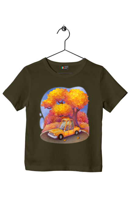 Футболка дитяча з принтом "Осiнь Авто Дерево". Дерево, жовтий мила ілюстрація, машина, осінь, помаранчевий. 2070702