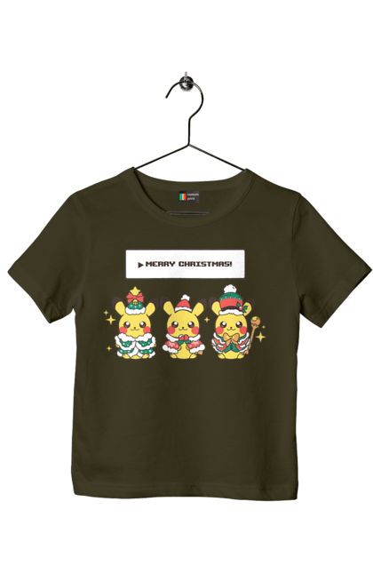 Children's t-shirt with prints Pikachu Merry Christmas. Anime, christmas, game, manga, merry christmas, nintendo, pikachu, pokemon. 2070702