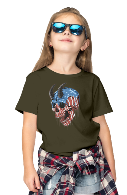 Children's t-shirt with prints Skull with horns. America, bones, dye, flag, horns, scull, states, teeth, usa. 2070702