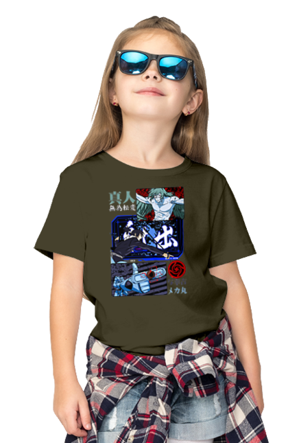 Children's t-shirt with prints Jujutsu Kaisen. Anime, dark fantasy, jujutsu kaisen, magic battle, mahito, manga, mechamaru, mystic. 2070702