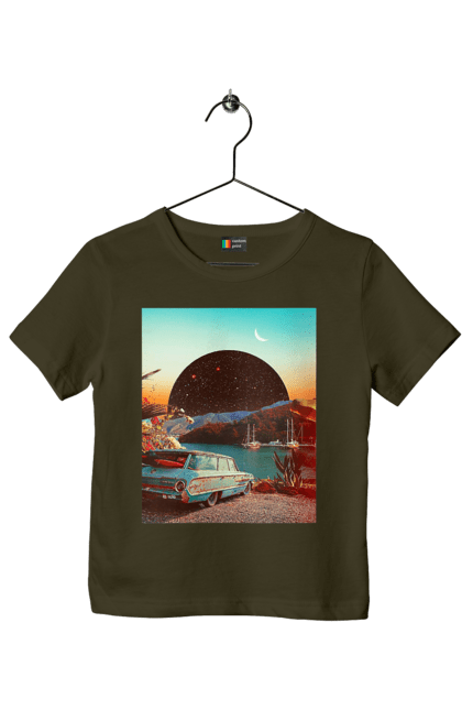 Футболка дитяча з принтом "Картина, машина біля річки". Картина, машина, планета, прикол, ретро, річка. 2070702