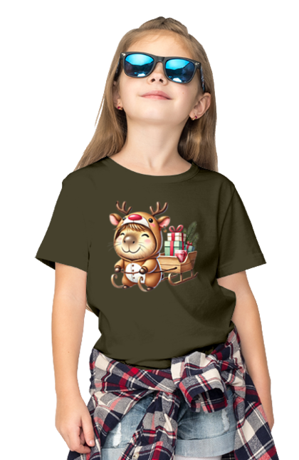 Children's t-shirt with prints Christmas Capybara with a Gift. Animal, capybara, christmas, christmas capybara, gift, holiday, new year, new year`s gift, santa. 2070702