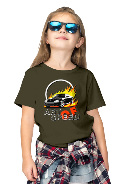 Children's t-shirt with prints Car on fire. Auto, car on fire, drift, race, speed, sport, sports car. 2070702