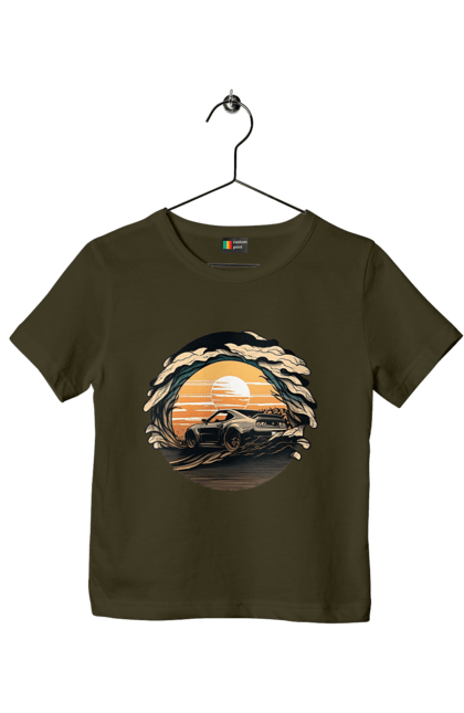 Футболка дитяча з принтом "Додж на заході сонця". Авто, автомобіль, додж, машина, машини. 2070702