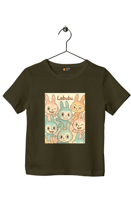 Футболка дитяча з принтом "Лабубу". Безтурботно, грайливо, дизайнперсонажу, каваї, лабубу, милі мистецтво, ніжні відтінки, пастельніквіти, стиль мультфільму, чарівно. 2070702