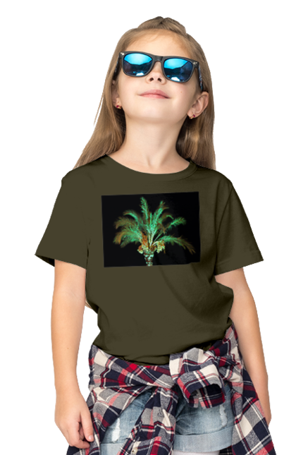 Children's t-shirt with prints Date Palm At Night. Adventure, black, coast, date, green, island, night, oasis, ocean, palm, recreation, sea, sky, south, travel, tropics, vacation. 2070702