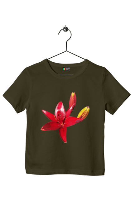 Children's t-shirt with prints Red lily. Bright, bud, buds, color, flower, lily, nature, red, red flower, red lily, sunny. 2070702