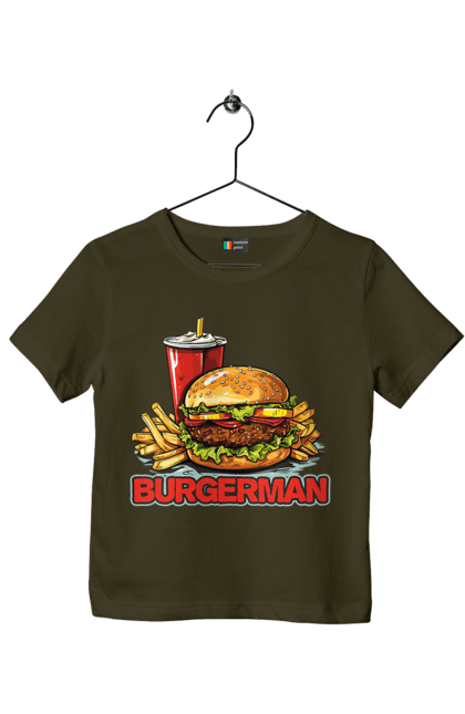Футболка дитяча з принтом "Burgerman". Бургер, для чоловіків, їжа, літні, макдональдс, прикольні, трендові, фаст фуд, чоловічі. 2070702