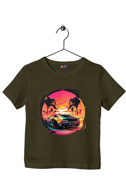 Футболка дитяча з принтом "Ламборджині Ретровейв". Авто, автомобиль, ламба, ламборджині, машина, машини, ретровейв. 2070702