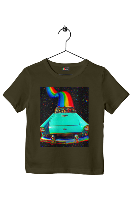 Футболка дитяча з принтом "Картина, машина у космосі". Веселка, картина, космос, машина, подорожі, поїздка, прикол, ретро. 2070702