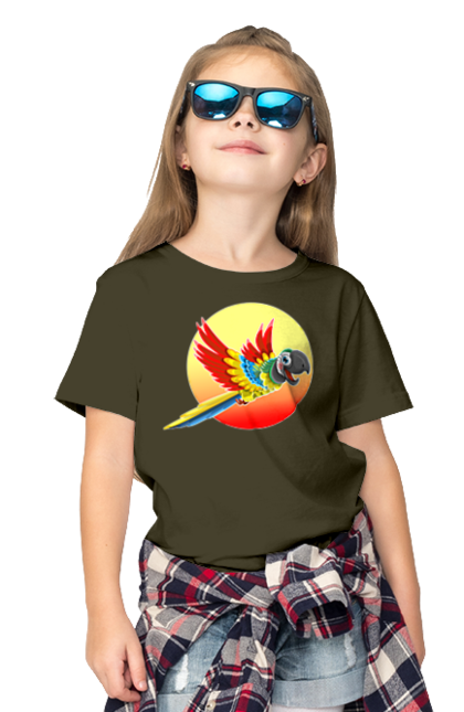 Футболка дитяча з принтом "Папуга На Тлі Сонця". Ара, веселий, відпочинок, відпустка, диск, жарко, жовтий, коло, кольоровий, крила, літає, літо, папуга, папужка, пір`я, політ, помаранчевий, птах, різнокольоровий, сонце, сонячно, спека, тепло, тропіки, у польоті, червоний. 2070702