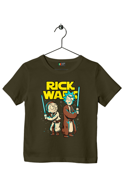 Children's t-shirt with prints Rick and Morty. Adventures, black humor, cartoon, rick, rick and morty, sci-fi, star wars, tragicomedy. 2070702