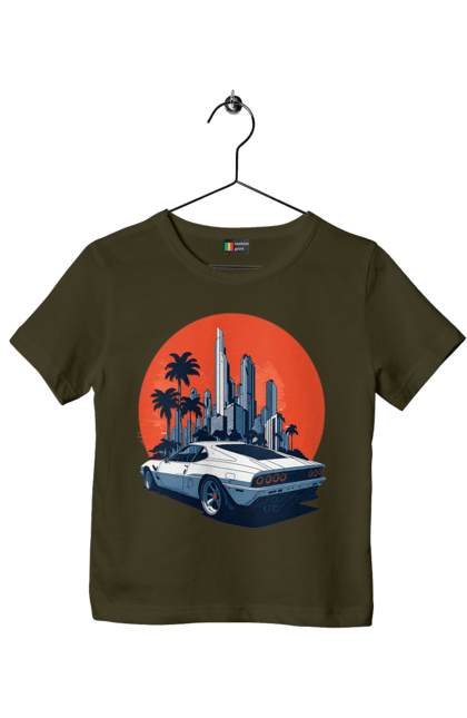 Children's t-shirt with prints Car. Race, speed, sport car, sunset. 2070702
