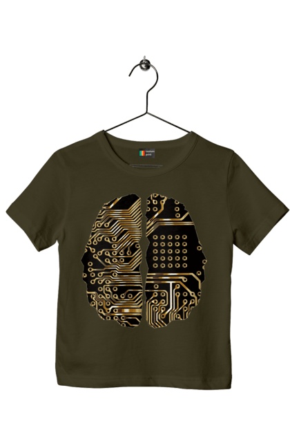 Футболка дитяча з принтом "Мозок Айті". Айті, айтішник, гик, знання, золотий, золото, інженер, кібер, кібернетика, кіборг, код, комп, кристал, мікросхема, мозок, програміст, професіонал, професія, розробник, розум, чіп. 2070702
