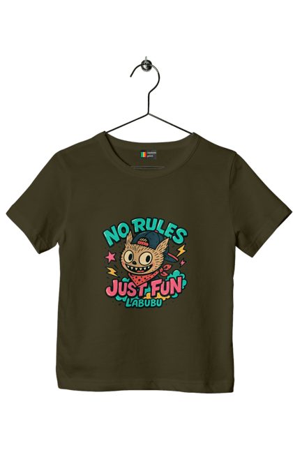 Футболка дитяча з принтом "Лабубу". Norulesjustfun, y2k, бандана, вуличний стиль, грайливий, графіті, зухвалий, лабубу, ретромультяшка, яскраво. 2070702