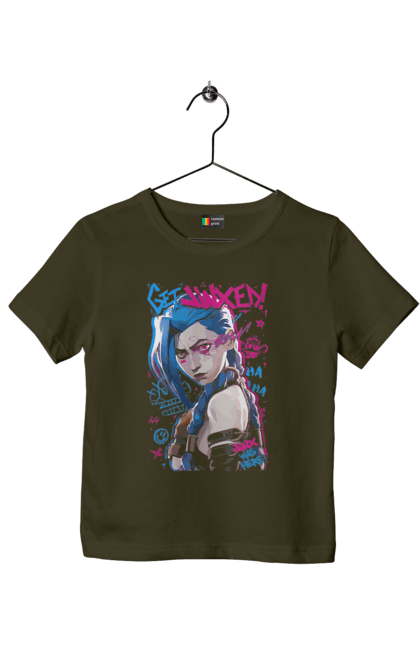 Children's t-shirt with prints Arcane. Animated series, arcane, fantasy, fortiche, jinx, league of legends, riot games, violet. 2070702