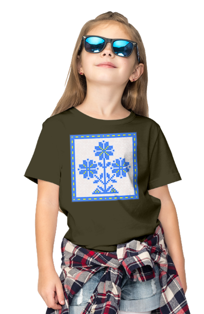 Футболка дитяча з принтом "Жовто блакитна вишивка квіти". Вишивка, вишивка хрестиком, квіти, символ україни, традиції україни, україна. 2070702