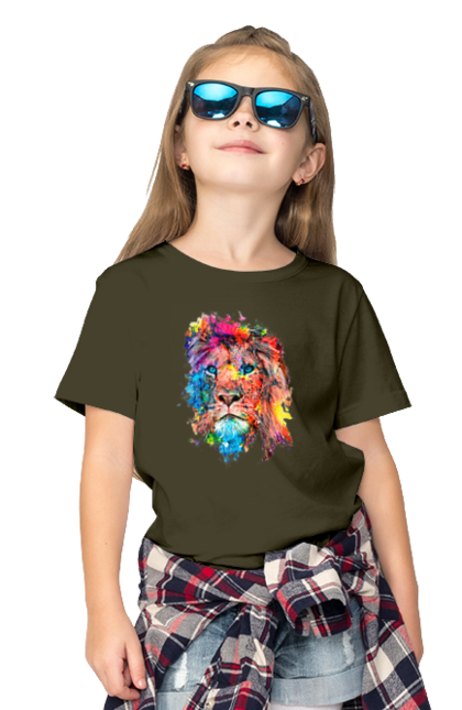 Children's t-shirt with prints Lion of paint. Colorful lion, coloring, holiday lion, holly, indian lion, lion, lion and holly, paints. 2070702
