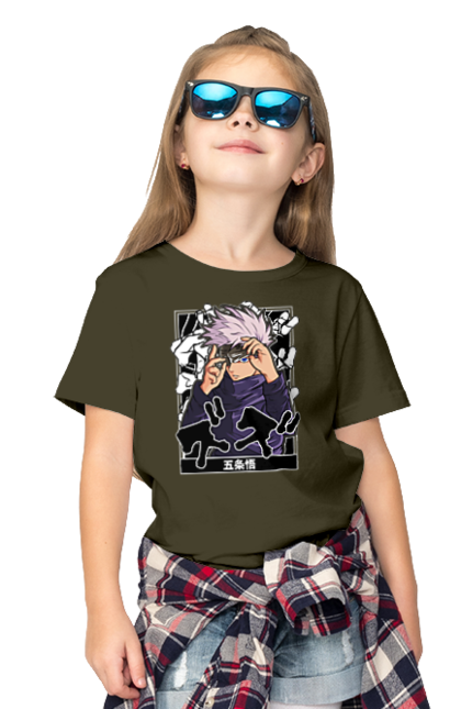 Children's t-shirt with prints Jujutsu Kaisen Gojo. Anime, dark fantasy, gojo, jujutsu kaisen, magic battle, manga, mystic. 2070702