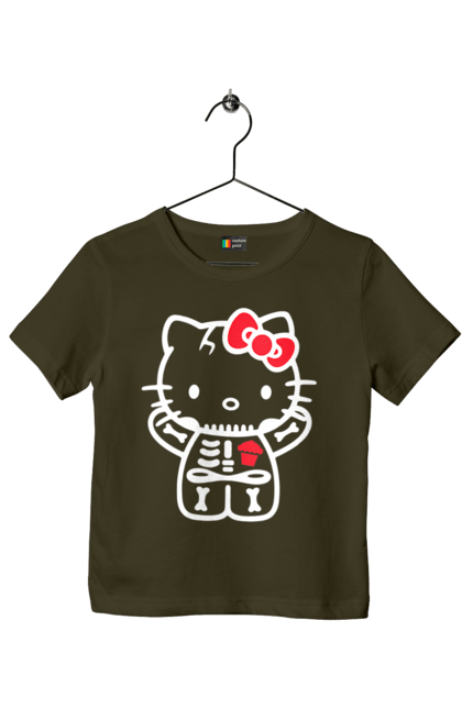 Футболка детская с принтом Хелло Китти Хэллоуин. Halloween, hello kitty, zombie, бренд, зомби, котенок, персонаж, скелет, хелло китти, хэллоуин. 2070702