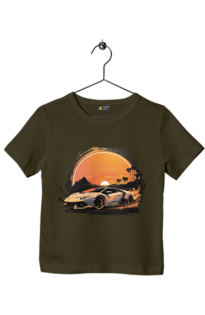 Футболка дитяча з принтом "Ламборджині на заході сонця". Авто, автомобіль, ламборджині, машина, машини. 2070702