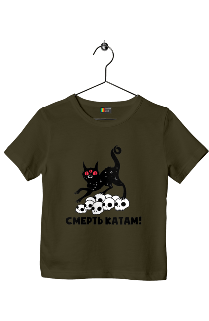 Футболка дитяча з принтом "Смерть катам". Війна, коти, котик, патріотичне, українське, фраза, фрази, череп. 2070702