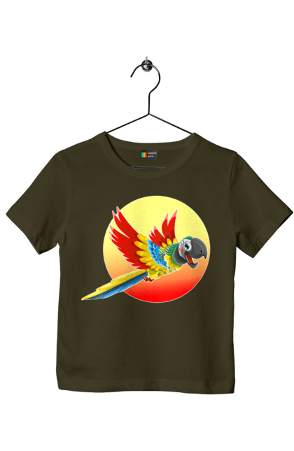 Футболка дитяча з принтом "Папуга На Тлі Сонця". Ара, веселий, відпочинок, відпустка, диск, жарко, жовтий, коло, кольоровий, крила, літає, літо, папуга, папужка, пір`я, політ, помаранчевий, птах, різнокольоровий, сонце, сонячно, спека, тепло, тропіки, у польоті, червоний. 2070702