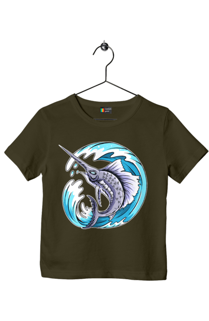 Children's t-shirt with prints Fish Sword And Wave. Swordfish, wave. 2070702