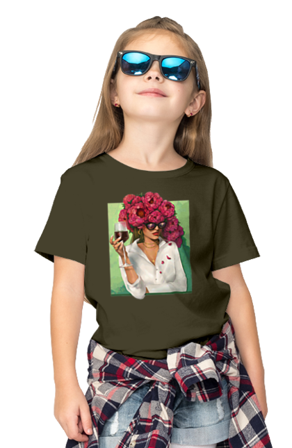 Children's t-shirt with prints Girl with peonies and a glass. Flower, girl, glasses, goblet, peonies, shirt, summer, wine. 2070702